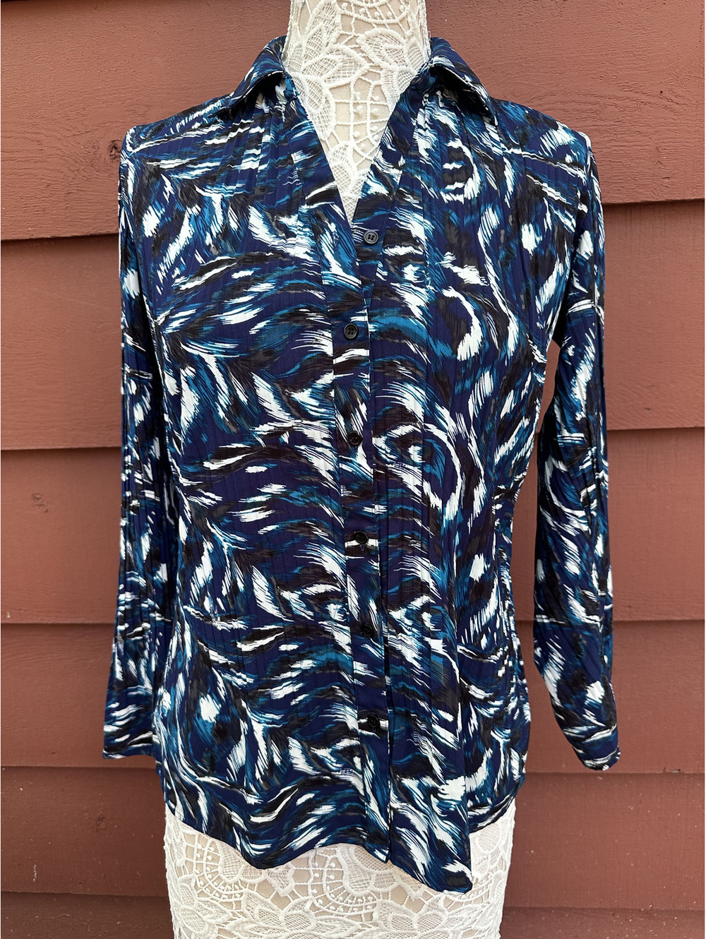 Fred David Y2K Office Siren Blouse in Blue Black Abstract Brushstroke Pattern